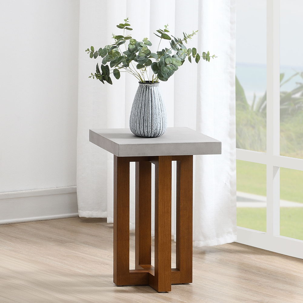 Keven - End Table - Faux Concrete Top & Walnut Finish