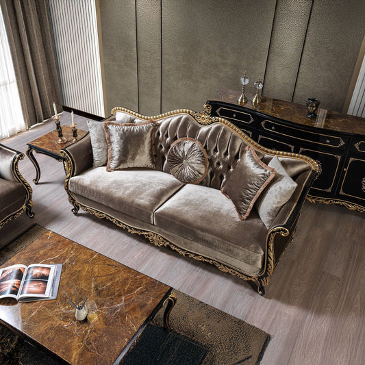 Betria - Sofa With 5 Pillows - Light Green Velvet, Gold & Black High Gloss