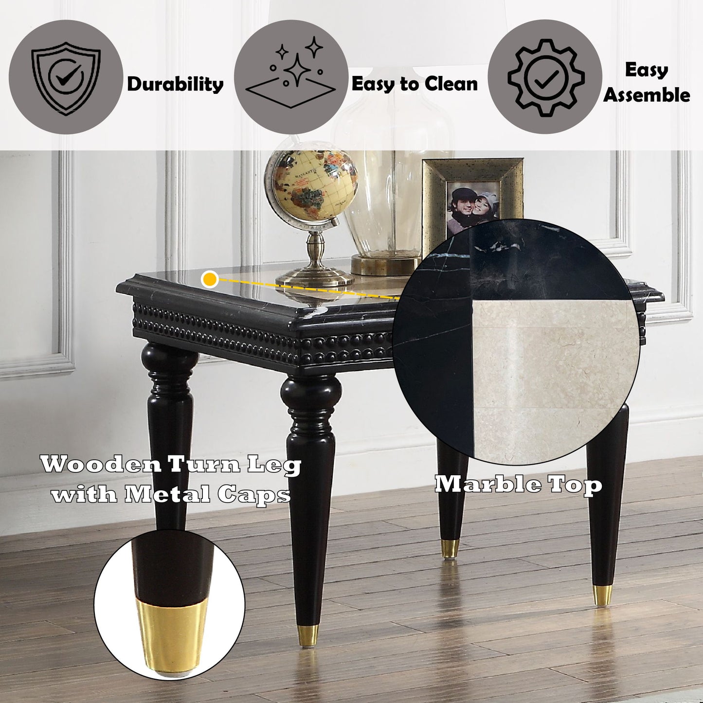 Tayden - End Table - Marble Top & Black Finish