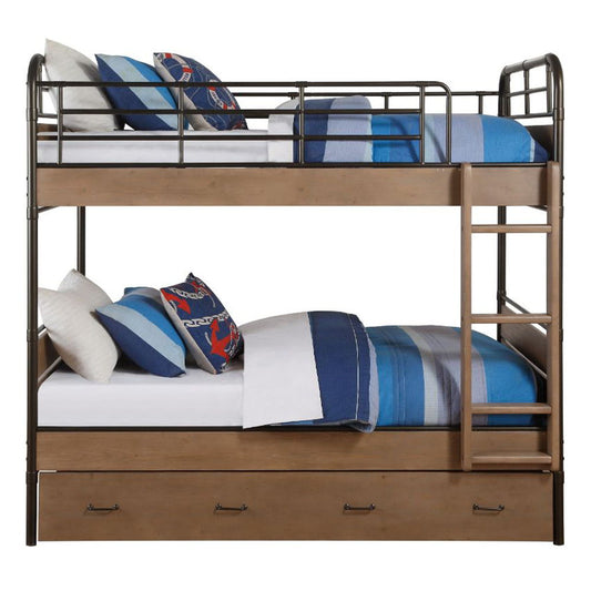 Adams - Twin Over Twin Bunk Bed With Trundle - Antique Oak & Gunmetal