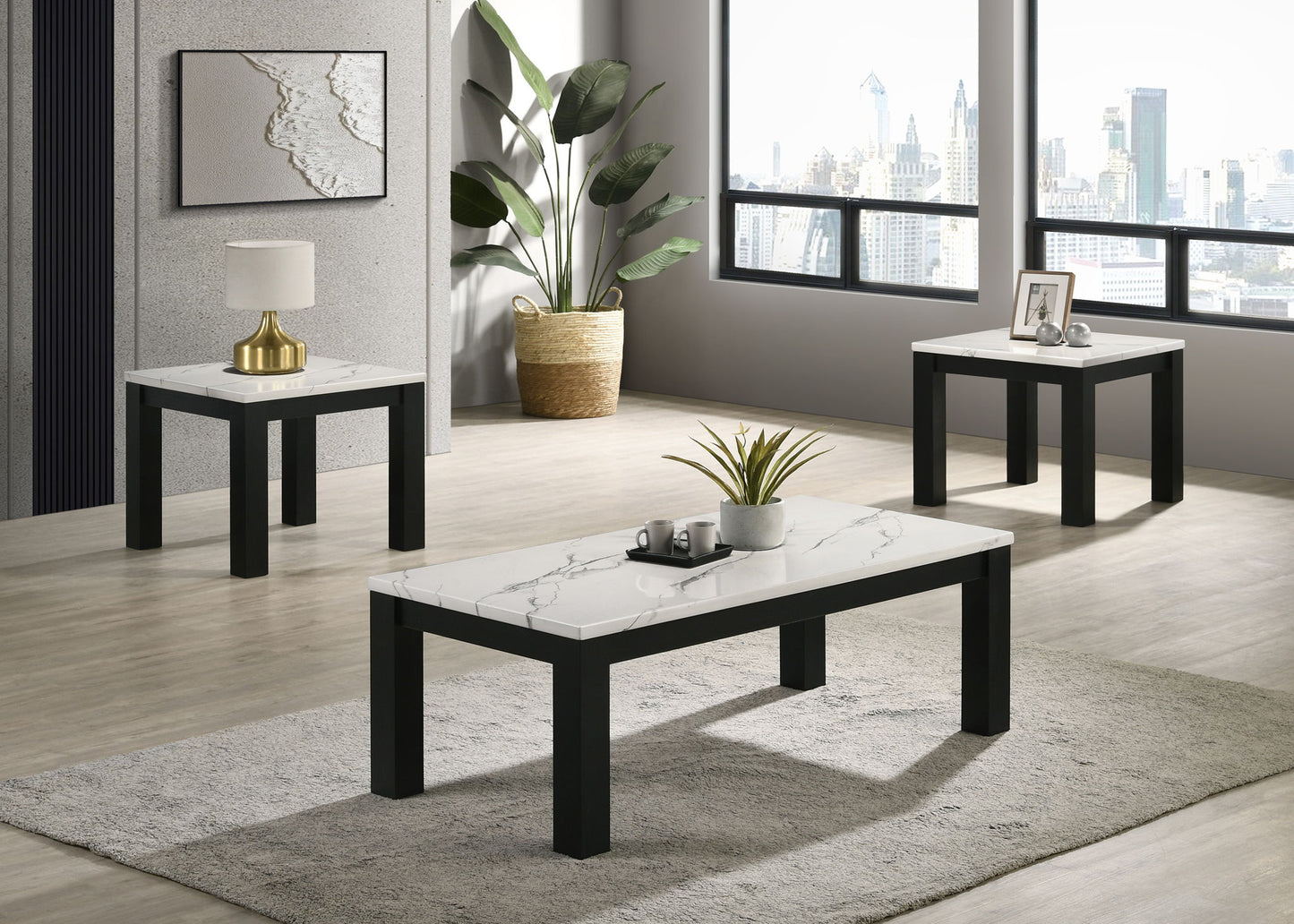 Ivy - 3 Piece Faux Marble White Cocktail Set - White / Black