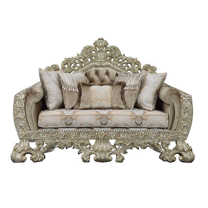Sorina - Loveseat With 5 Pillows - Velvet, Fabric & Antique Gold