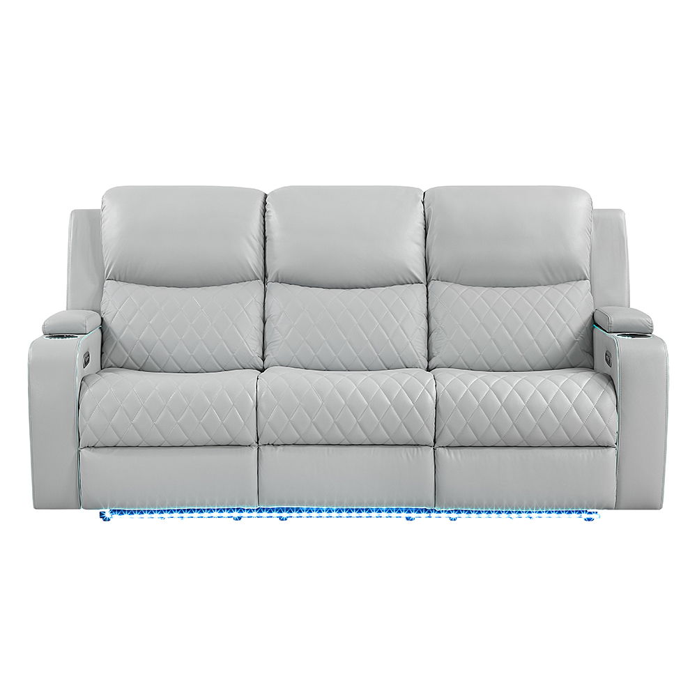 Elonzo - Power Motion Sofa With LED, Power Headrest & Speaker - Light Gray
