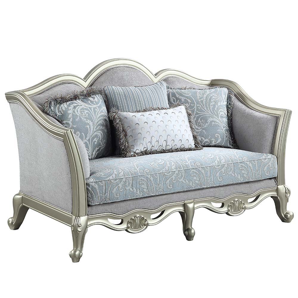 Qunsia - Loveseat With 4 Pillows - Light Gray Linen & Champagne