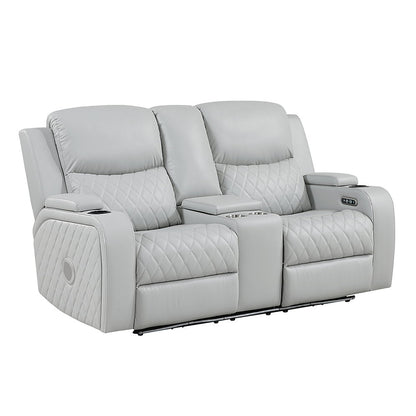 Elonzo - Power Motion Loveseat With Console, LED, Power Headrest & Speaker - Light Gray
