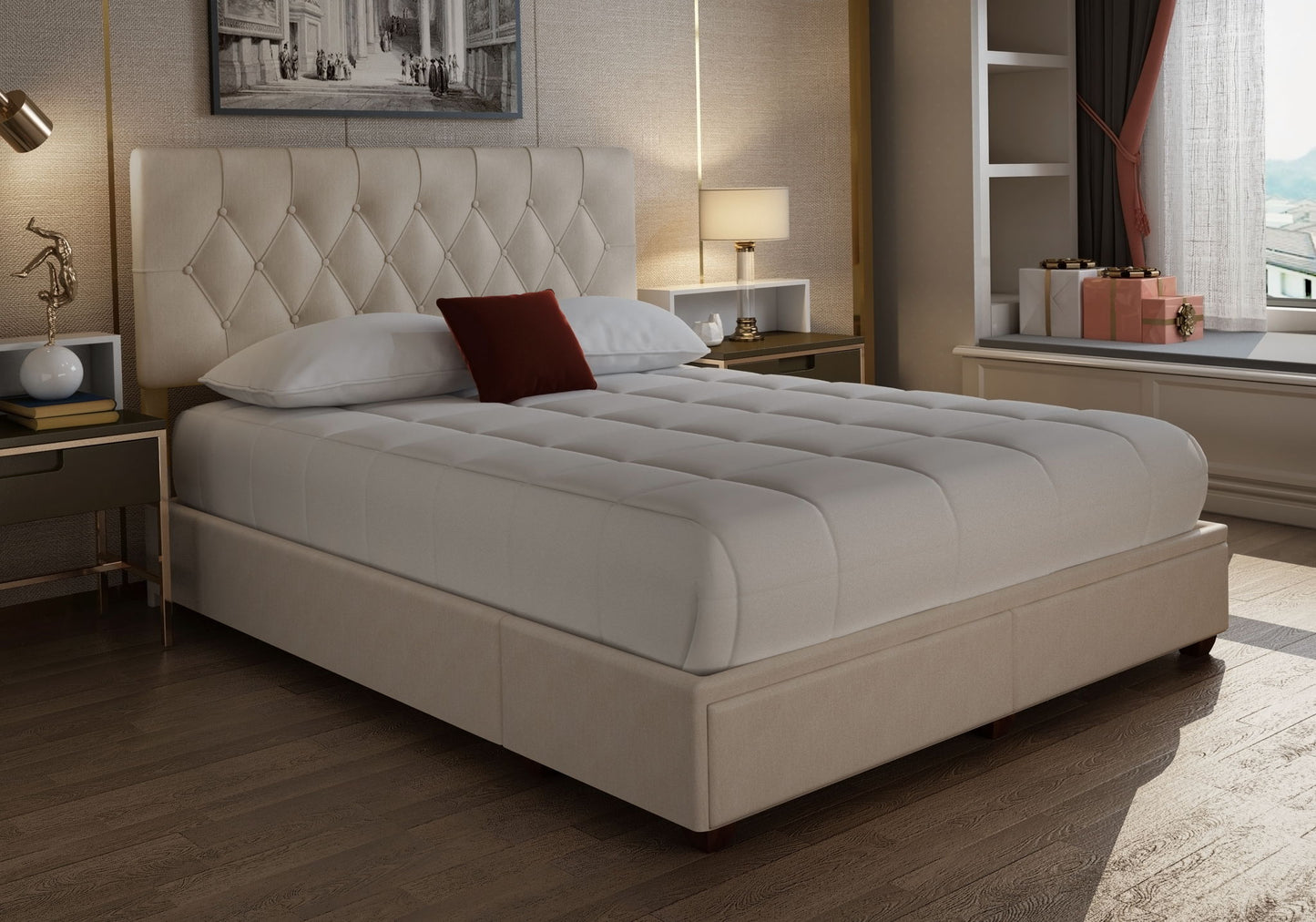 Elise - Upholstered King Storage Bed In A Box - Cream