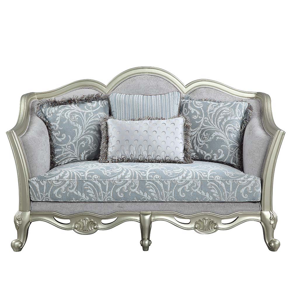 Qunsia - Loveseat With 4 Pillows - Light Gray Linen & Champagne